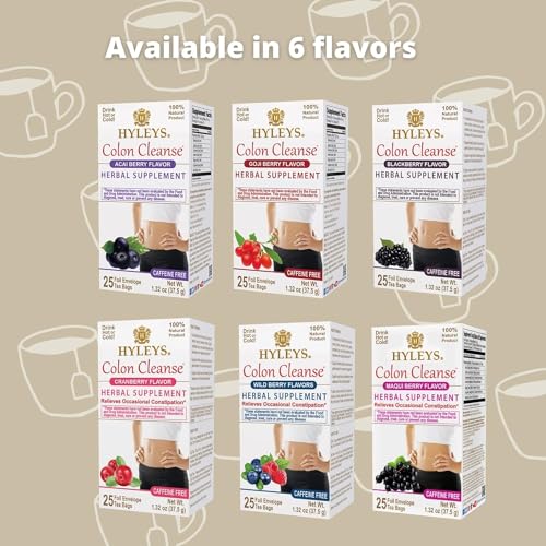 Fresh pack of Hyleys Colon Cleanse Tea on the shelf, caffeine-free option for daily wellness.