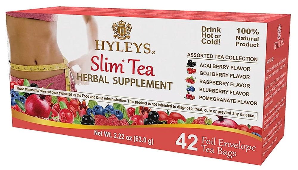 Hyleys Slim Tea box front with 42 foil-tea bags for daily convenience.