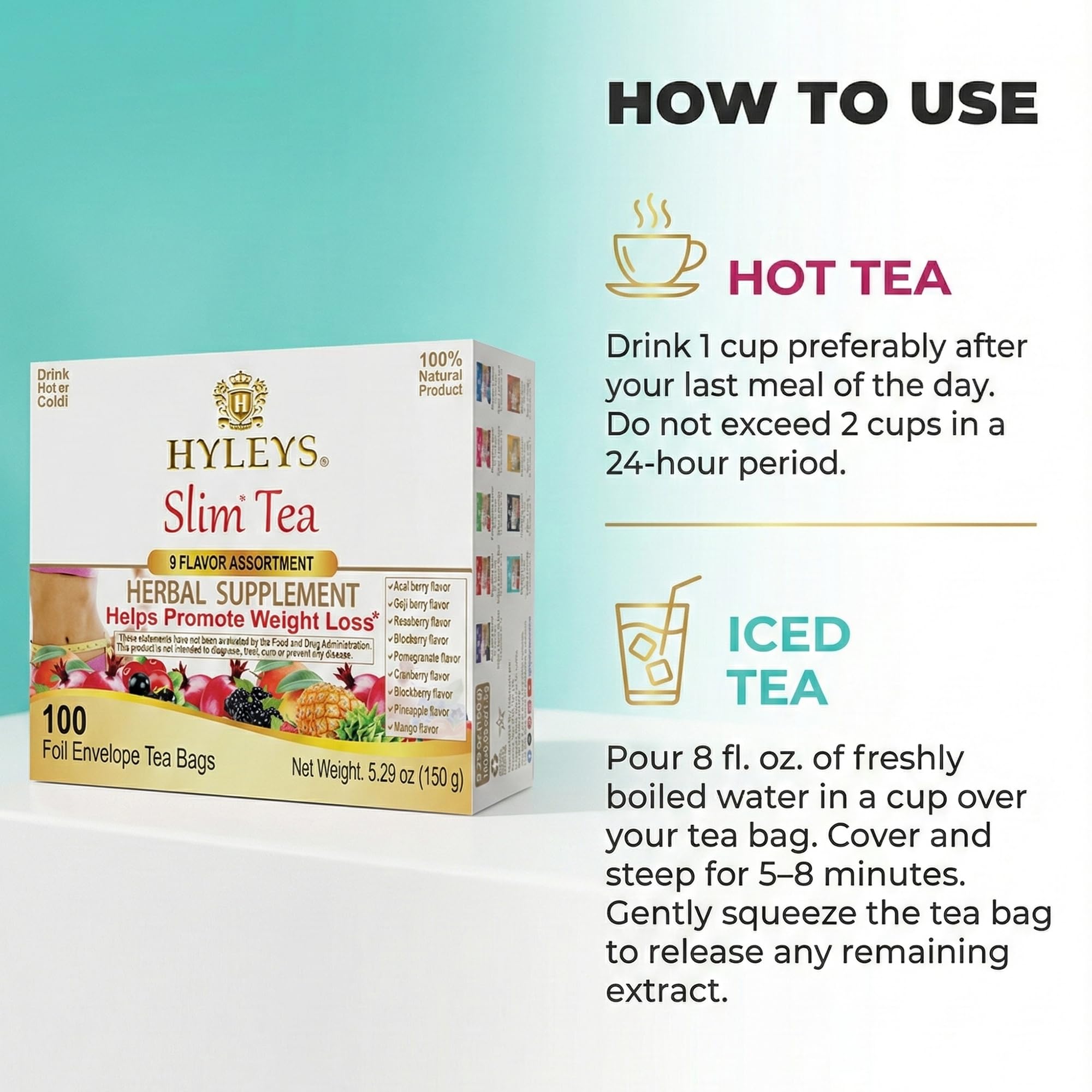 HYLEYS Slim Tea brewed tea steaming cup illustrating calm, relaxing evening routine.