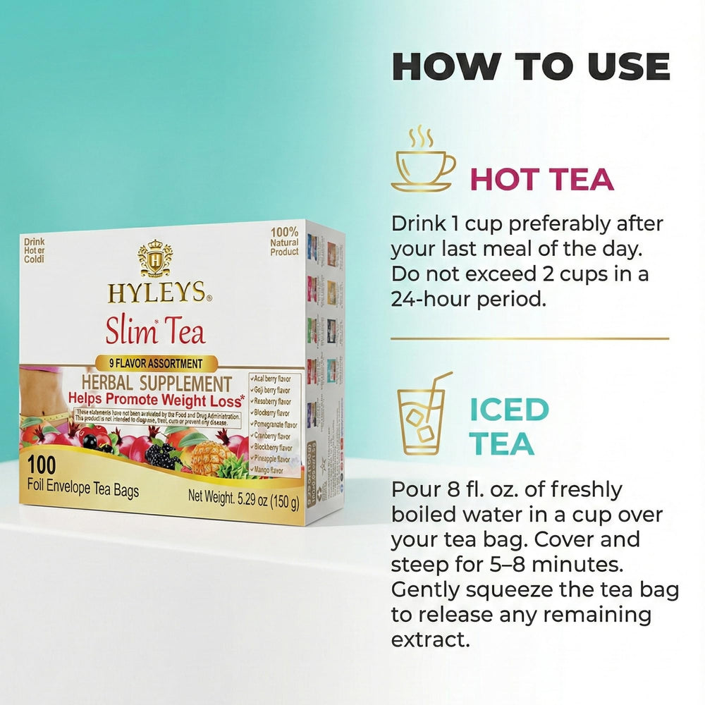 HYLEYS Slim Tea brewed tea steaming cup illustrating calm, relaxing evening routine.