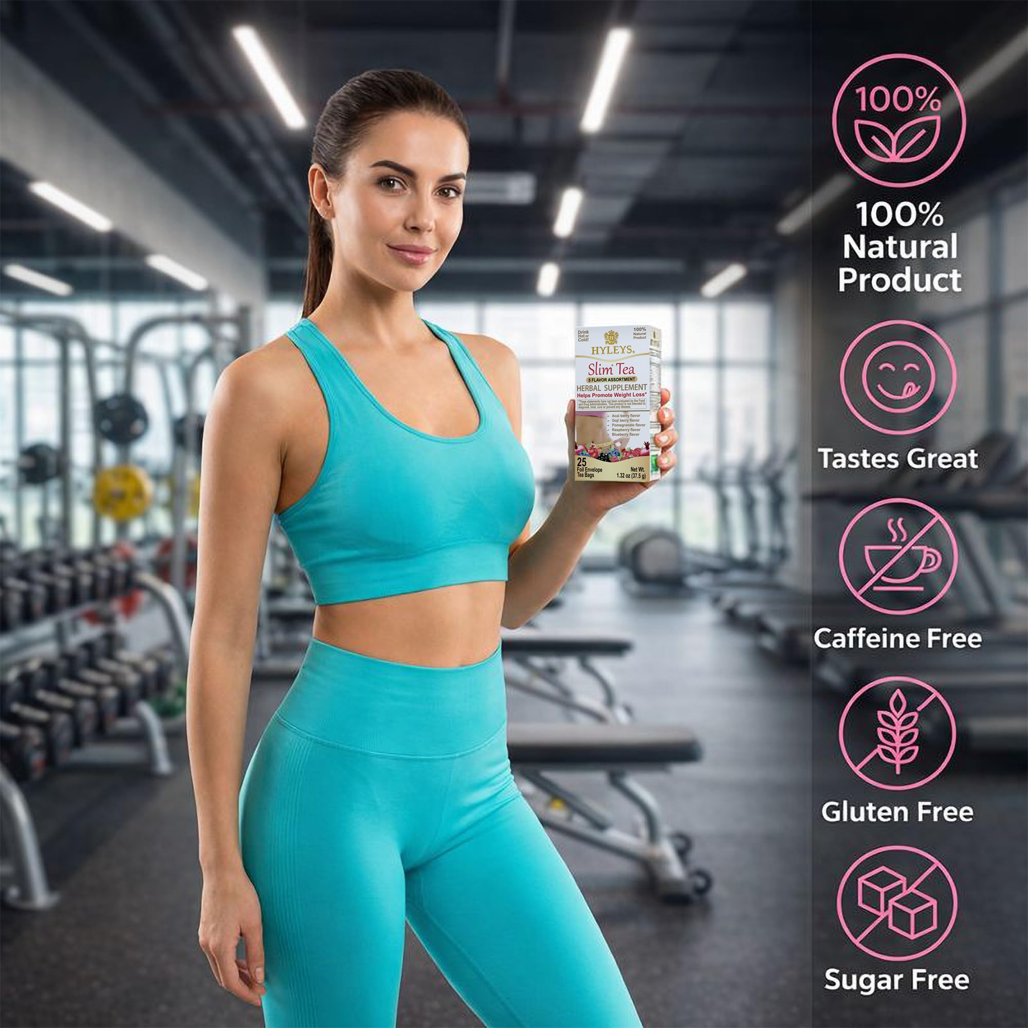 HYLEYS Slim Tea clear packaging featuring ingredients highlights