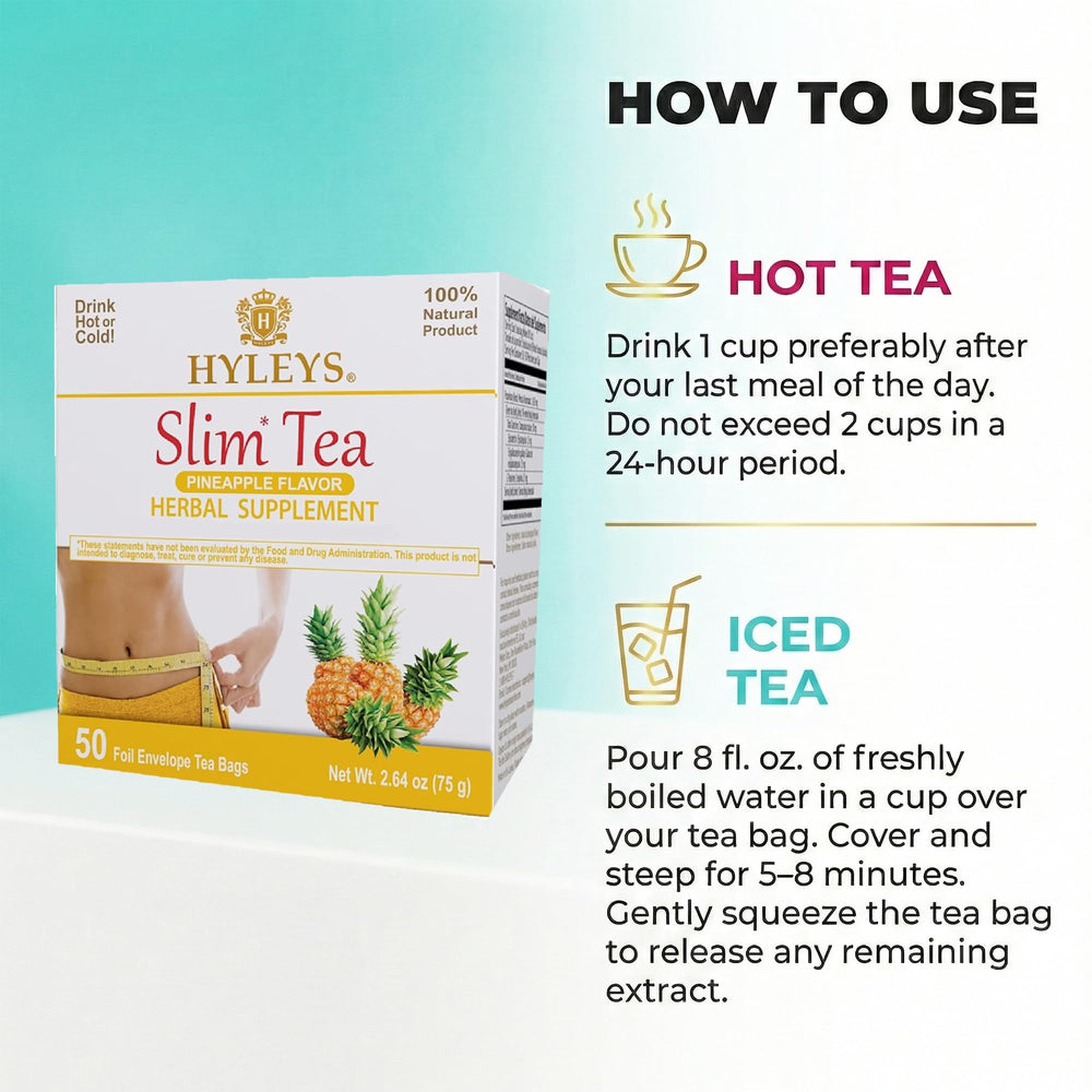Hyleys Slim Tea cup brew—aromatic pineapple scent enhances relaxing evening routines.