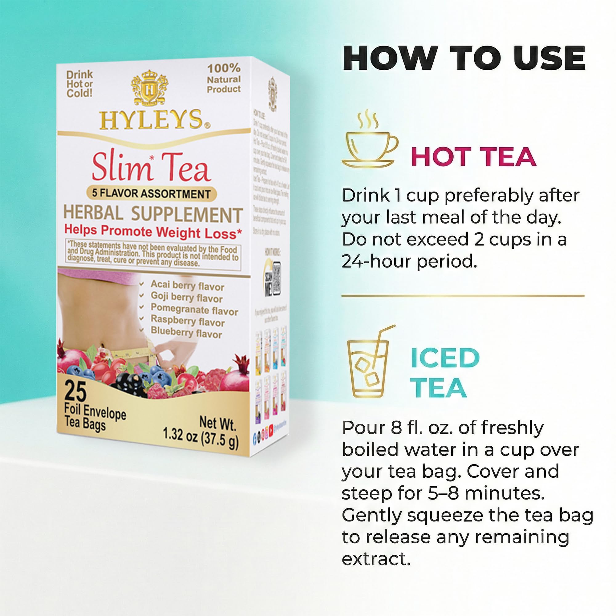 HYLEYS Slim Tea digestive support cup illustrating soothing digestion