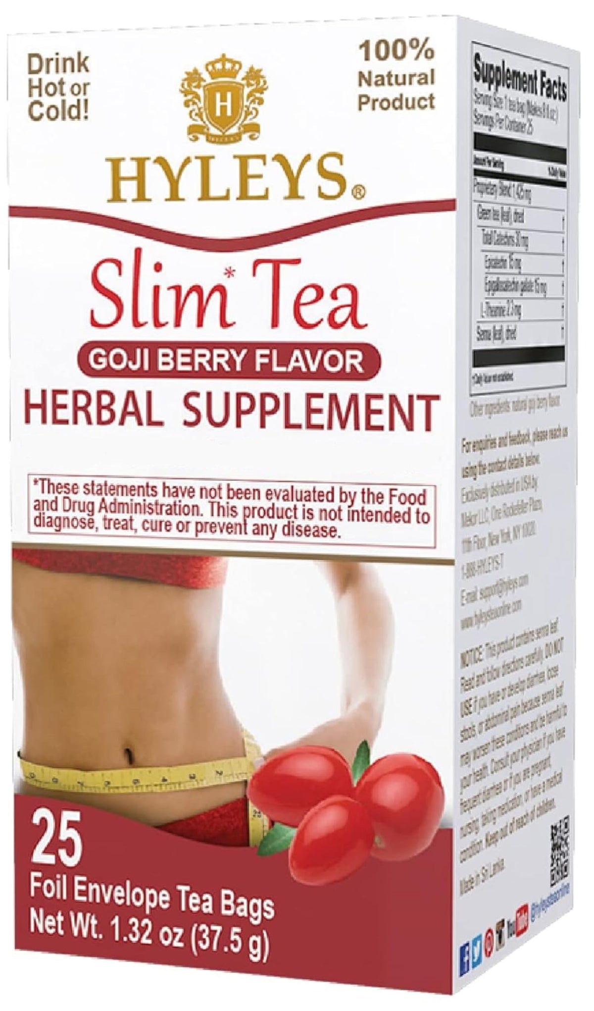 HYLEYS Slim Tea Goji Berry flavor box with 25 tea bags for detox.