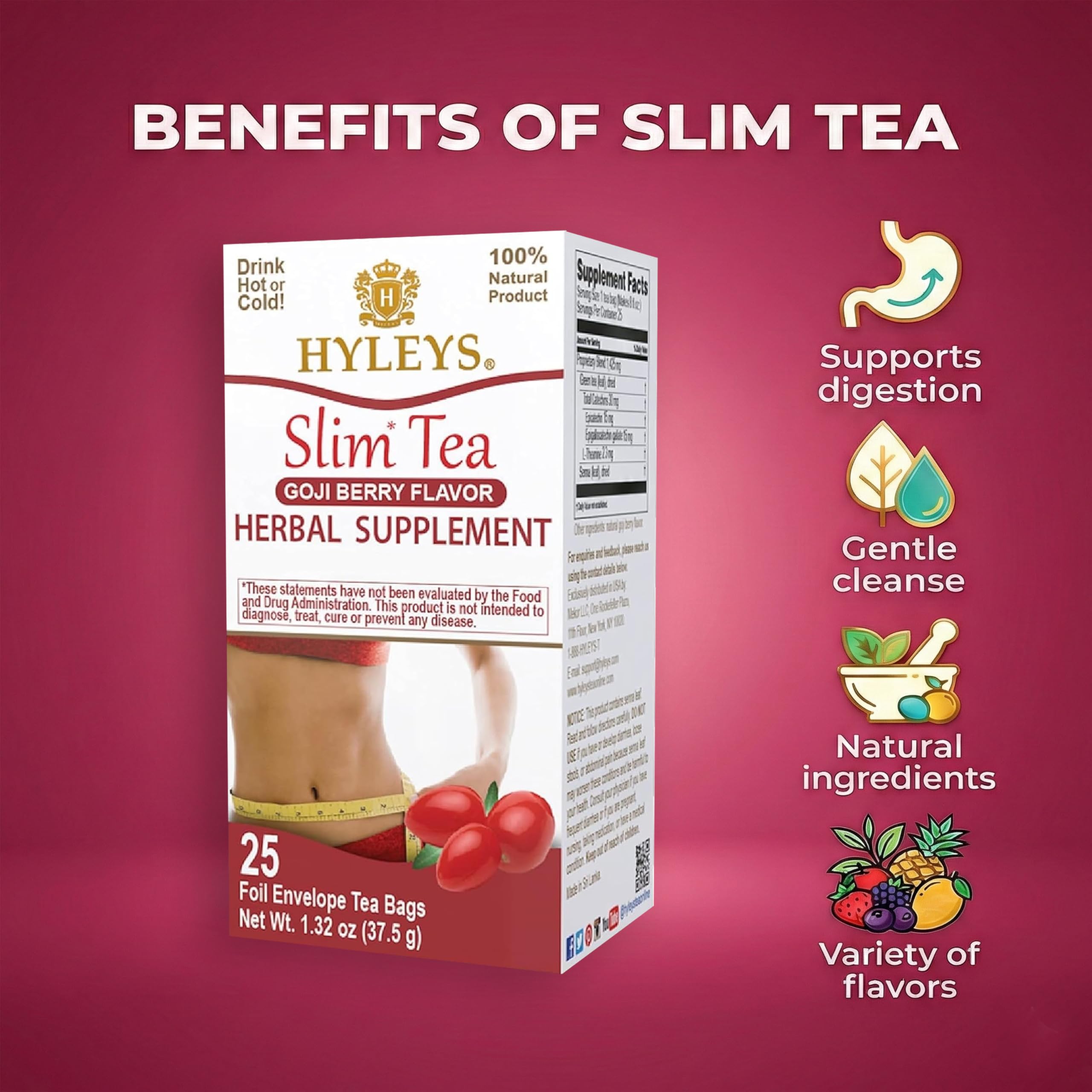 Senna leaf and natural flavoring featured in HYLEYS Slim Tea Goji Berry.