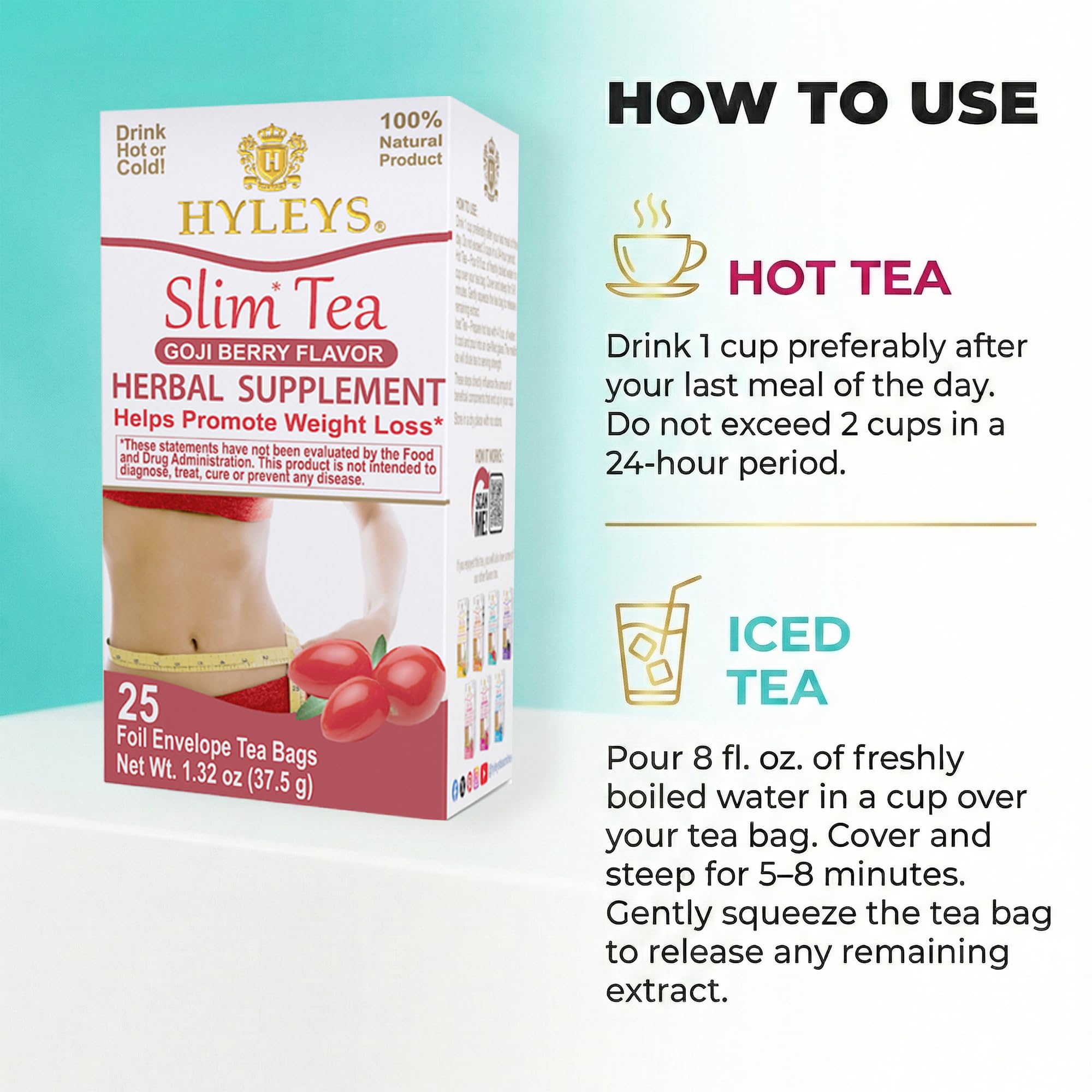 Brewed cup of HYLEYS Slim Tea Goji Berry after steeping.