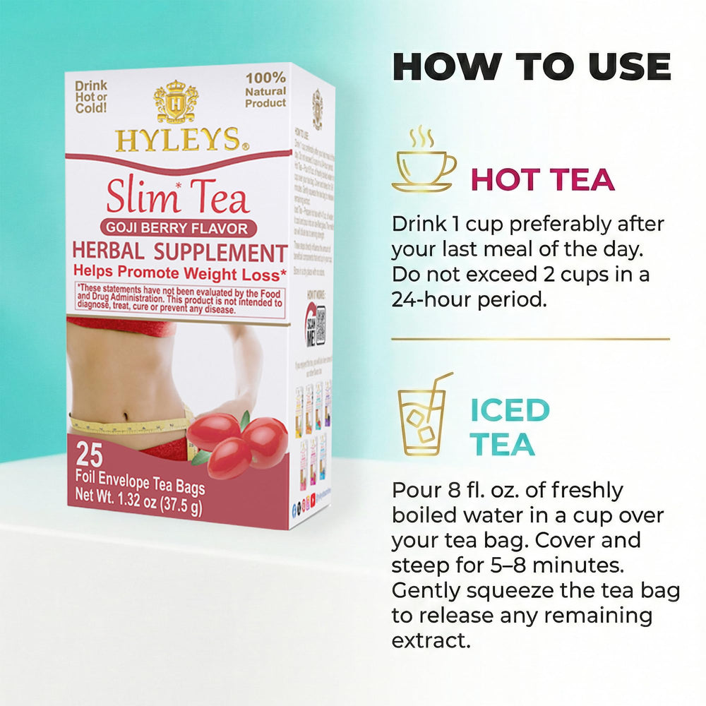 Brewed cup of HYLEYS Slim Tea Goji Berry after steeping.