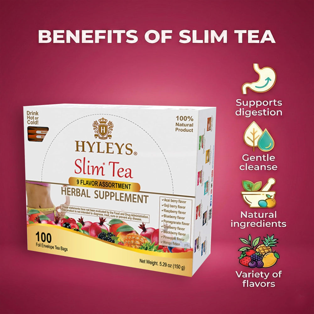 HYLEYS Slim Tea natural flavors close-up conveying mild, pleasant taste.