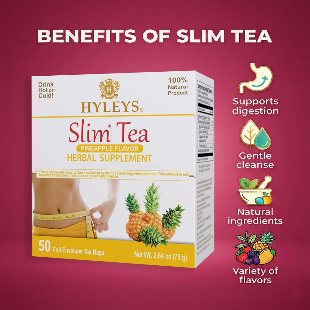 Hyleys Slim Tea packaging closeup—natural ingredients showcased for a healthy lifestyle.