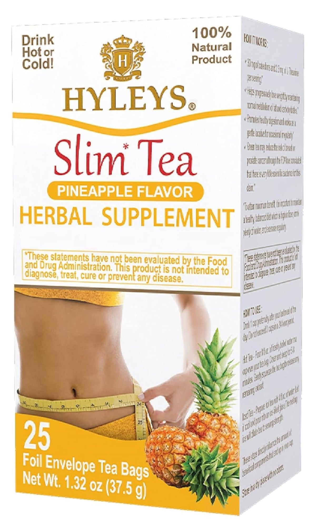 Hyleys Slim Tea Pineapple packaging showing 25 foil teabags for freshness.