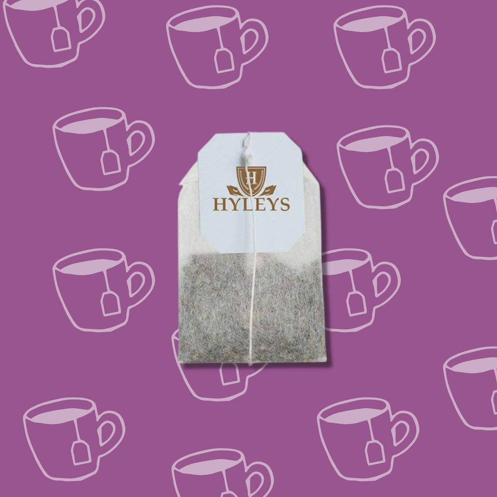 Hyleys Slim Tea pomegranate with senna leaves for digestive ease.