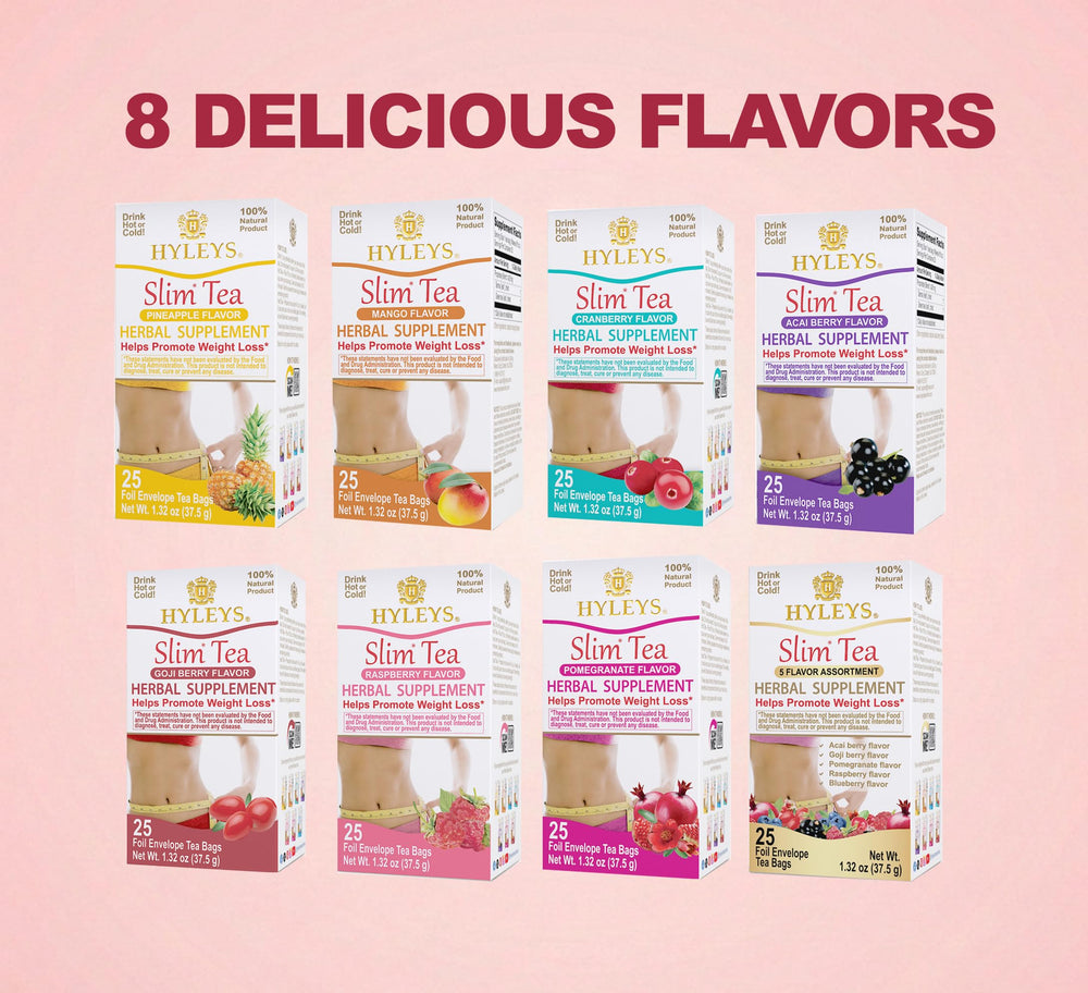 Hyleys Slim Tea foil teabags close-up emphasizes freshness seals.