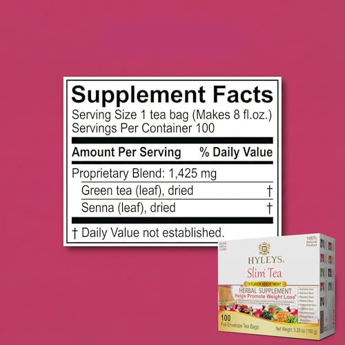 HYLEYS Slim Tea tea bags inside pack indicating easy nightly ritual for digestion.