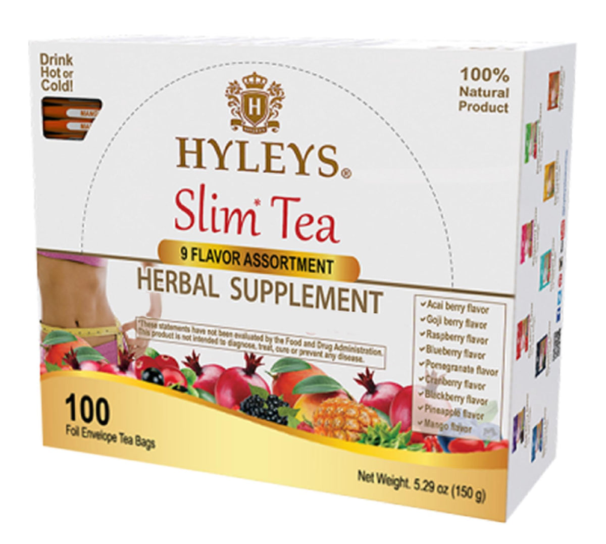 HYLEYS Slim Tea variety box front view showing convenient detox and digestion routine.
