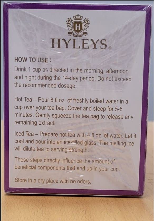 Hyleys tea bag closeup showcasing natural ingredients and fresh flavors.