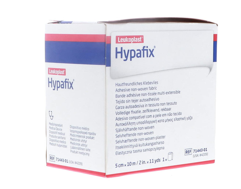 Hypafix non-irritating adhesive skin contact shows gentle wear against the skin.