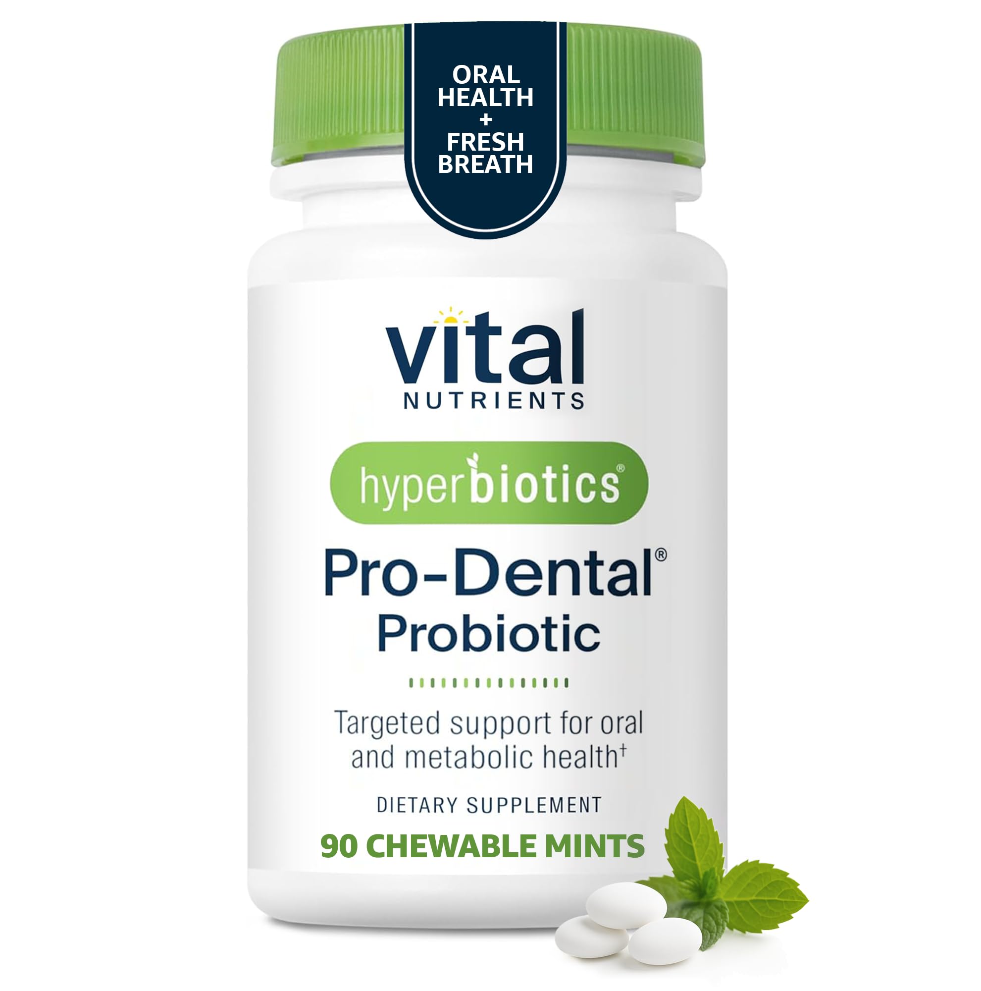 Hyperbiotics Pro Dental bottle front with mint tablets for fresher breath