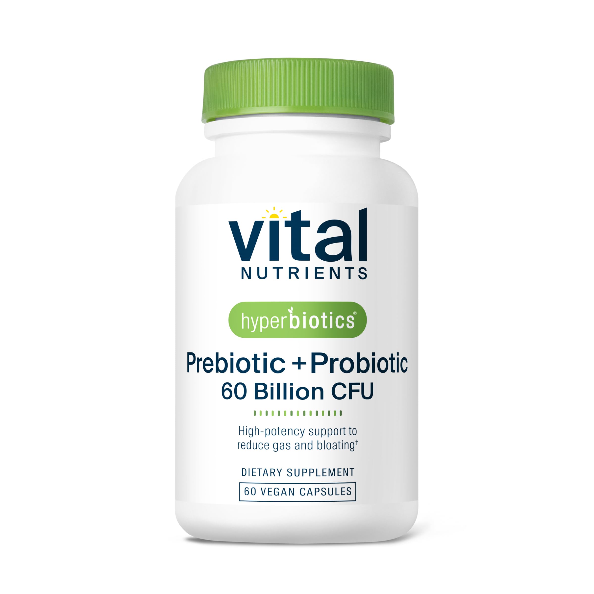 Hyperbiotics Vital Nutrients bottle close-up showing vegan capsules for daily digestive support