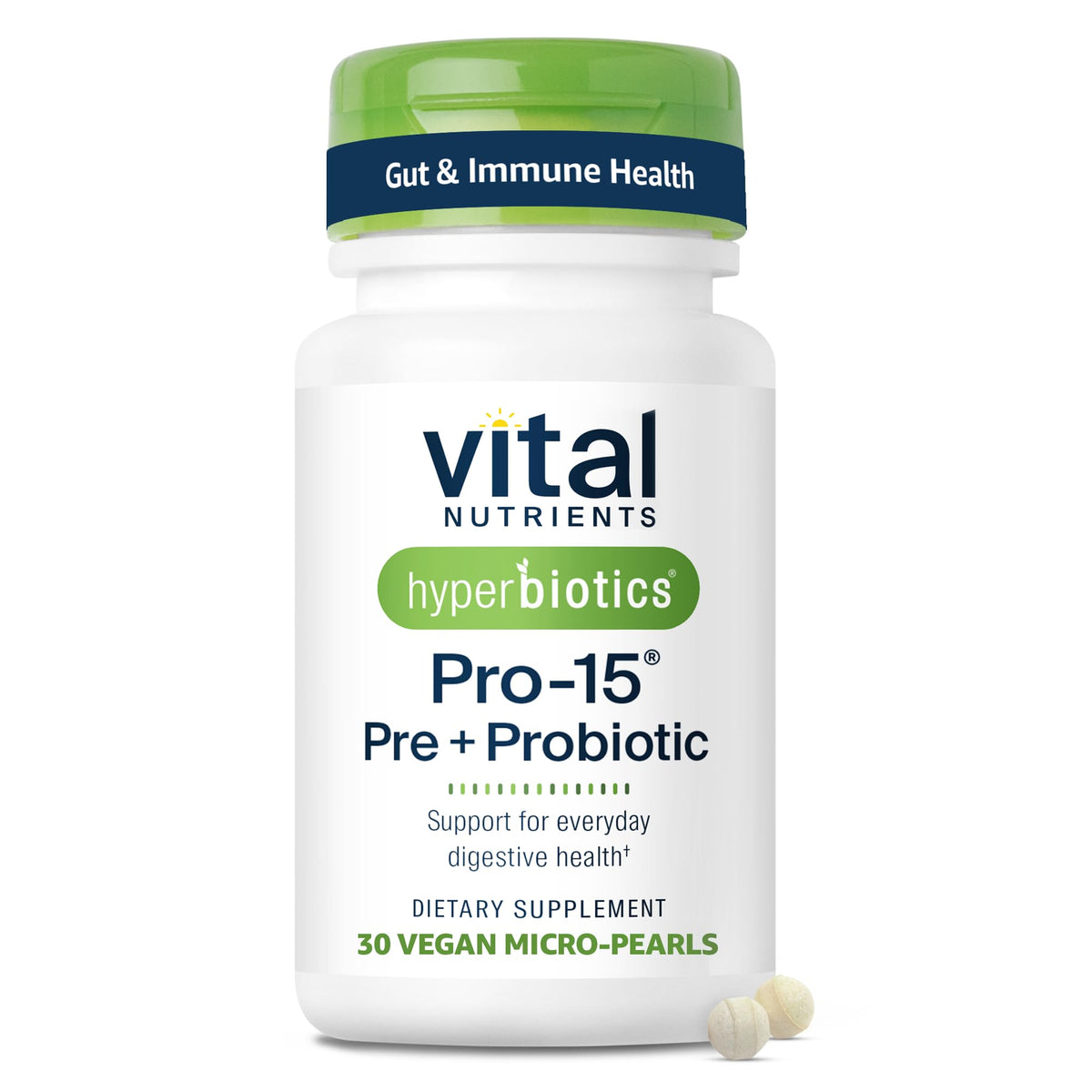 Hyperbiotics Vital Nutrients Pro-15 pearls bottle highlights convenient daily probiotic support.