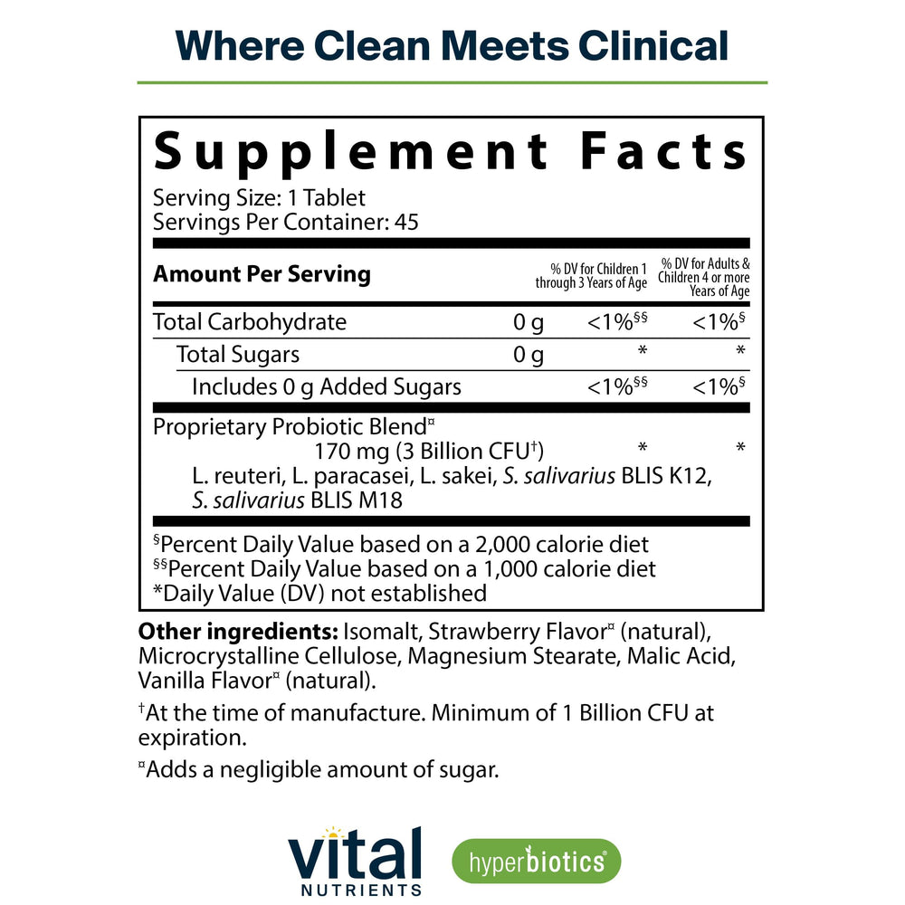 Hyperbiotics Vital Nutrients Pro Kids ENT bottle label highlighting sugar-free vegan features