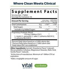 Hyperbiotics Vital Nutrients Pro Kids ENT bottle label highlighting sugar-free vegan features