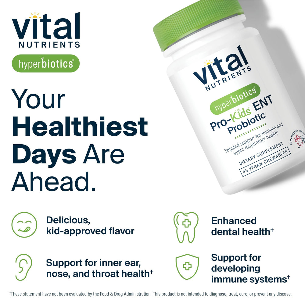 Hyperbiotics Vital Nutrients Pro Kids ENT dental health focus through mouth-friendly strains