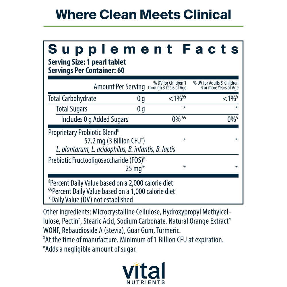 Hyperbiotics Vital Nutrients Pro Kids tablets close-up shows tiny chewable pearls