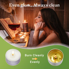 Hypmis cotton-wick tealights in metal cups prevent wax drips.
