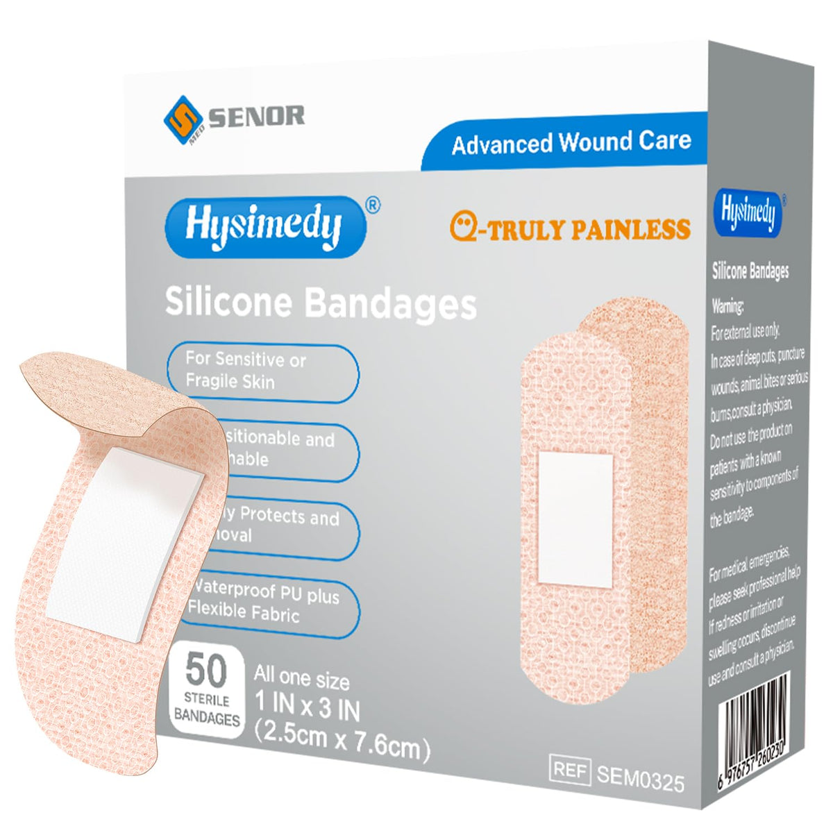 Hysimedy silicone adhesive bandages front packaging showing gentle skin protection