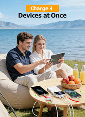 HYUCKOT portable charger charging four devices simultaneously with cables and ports.
