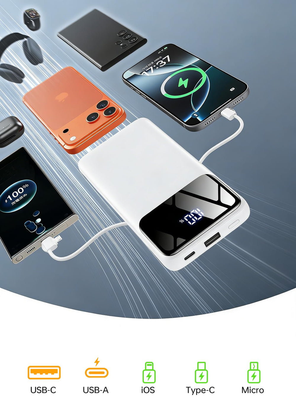 HYUCKOT travel-friendly power bank suitable for iPhone and Samsung devices.