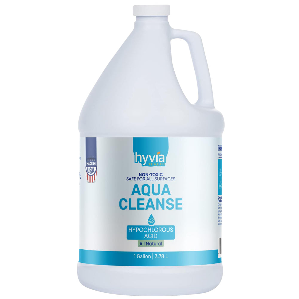 Hyvia Health AquaCleanse HOCL bottle clear spray for daily cleaning on kitchen counter