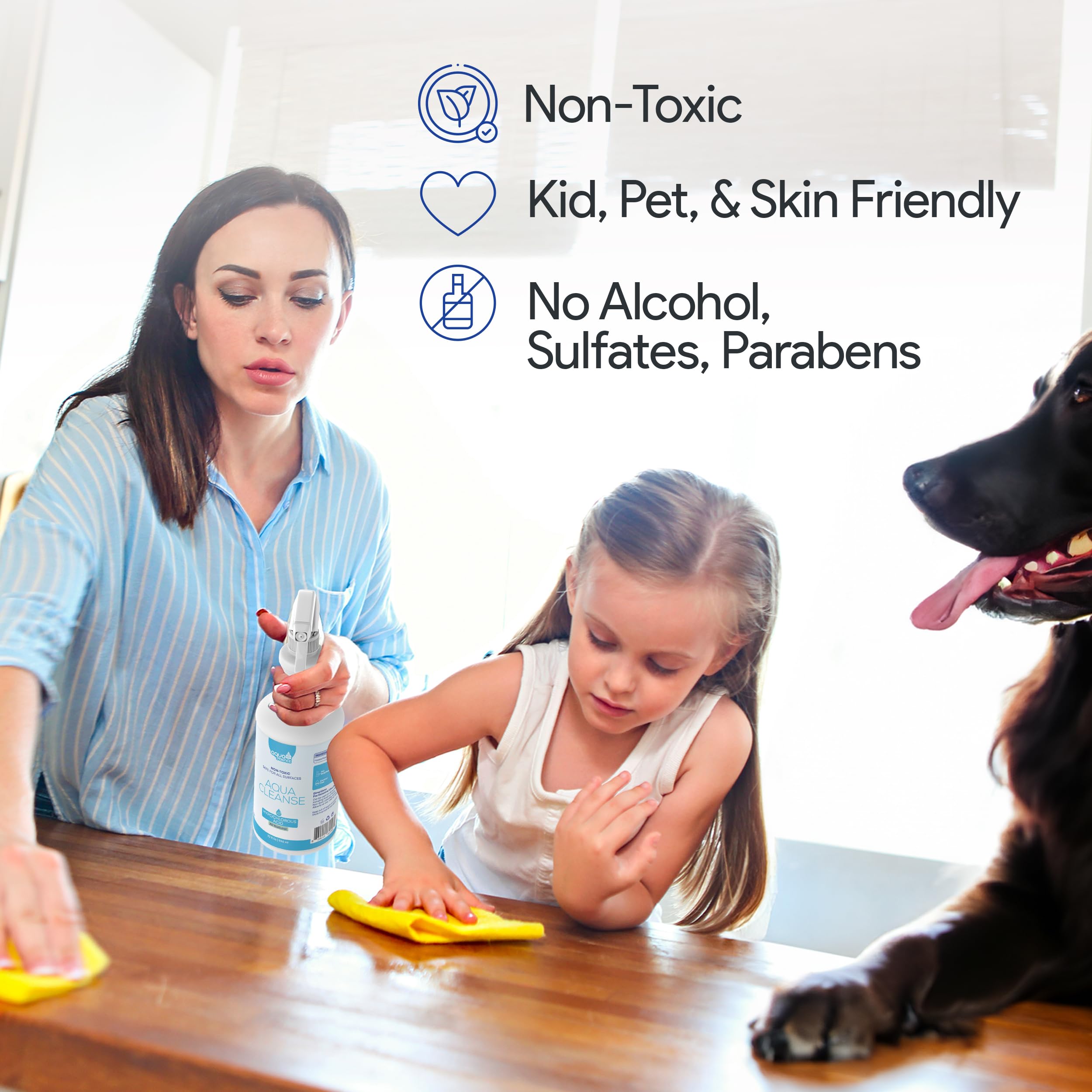 Family kitchen scene with AquaCleanse for safe surface cleaning