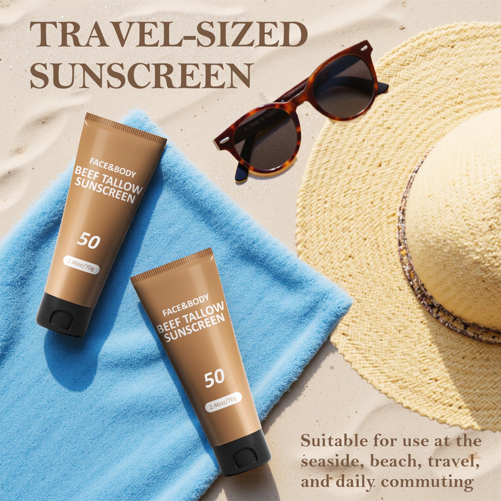 HZENPPOR travel-friendly sunscreen beside a backpack and essentials.