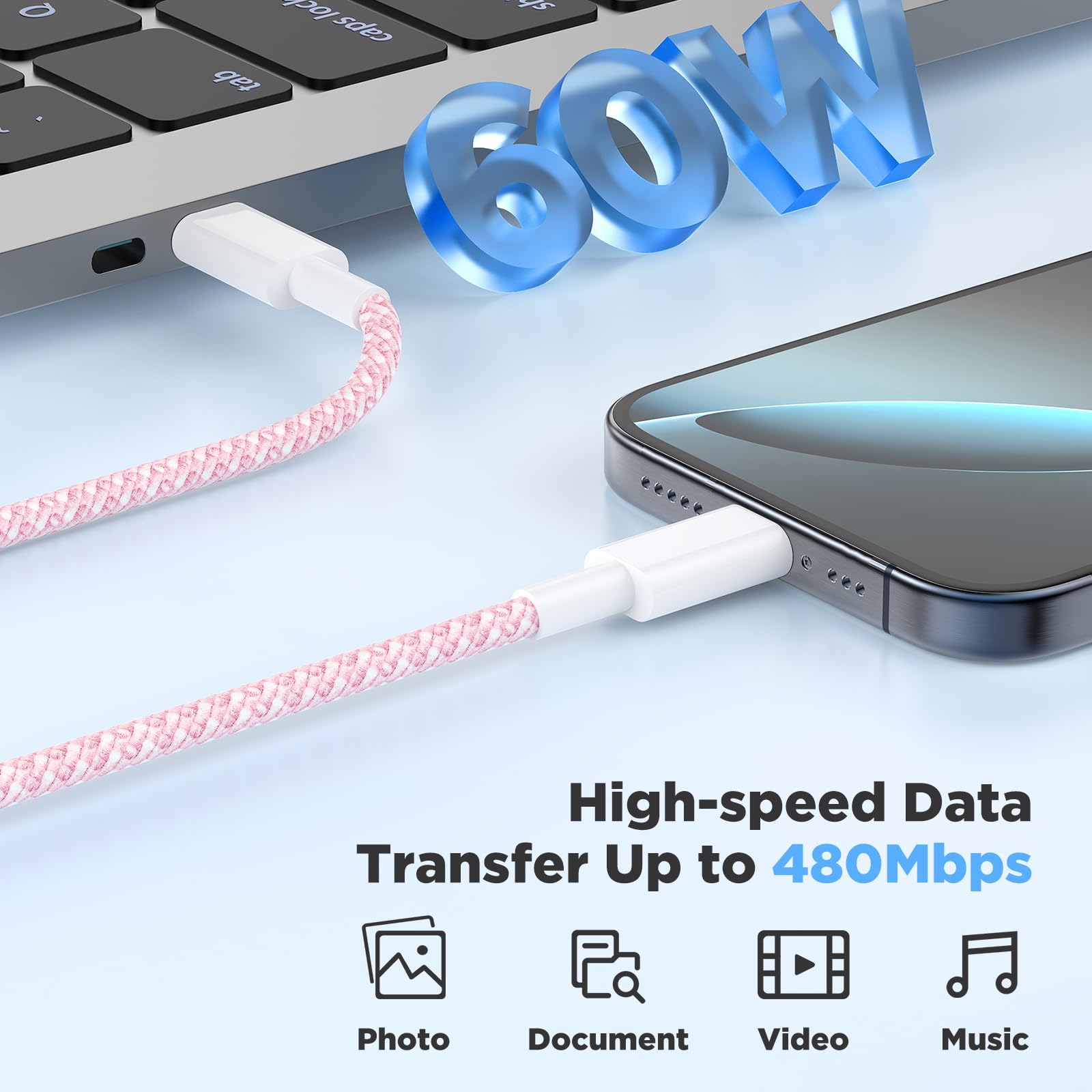 Hzevn pink braided USB-C cable, 10ft, long-distance charging from desk to sofa