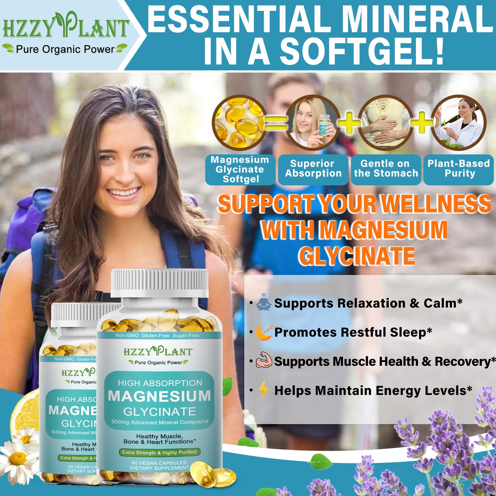 HZZYPLANT Magnesium Glycinate label closeup communicates purity and high absorption.