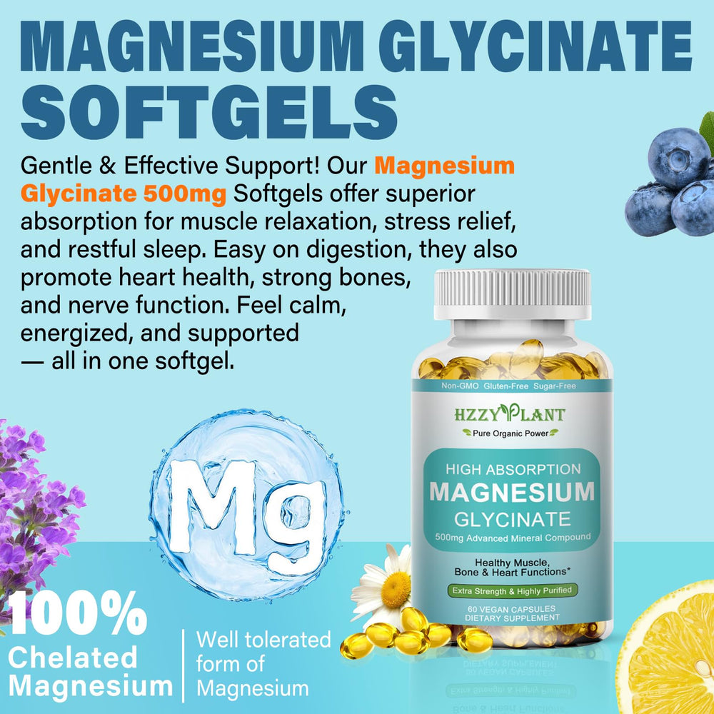 HZZYPLANT Magnesium Glycinate softgels open pack demonstrates easy, bite-sized capsules.