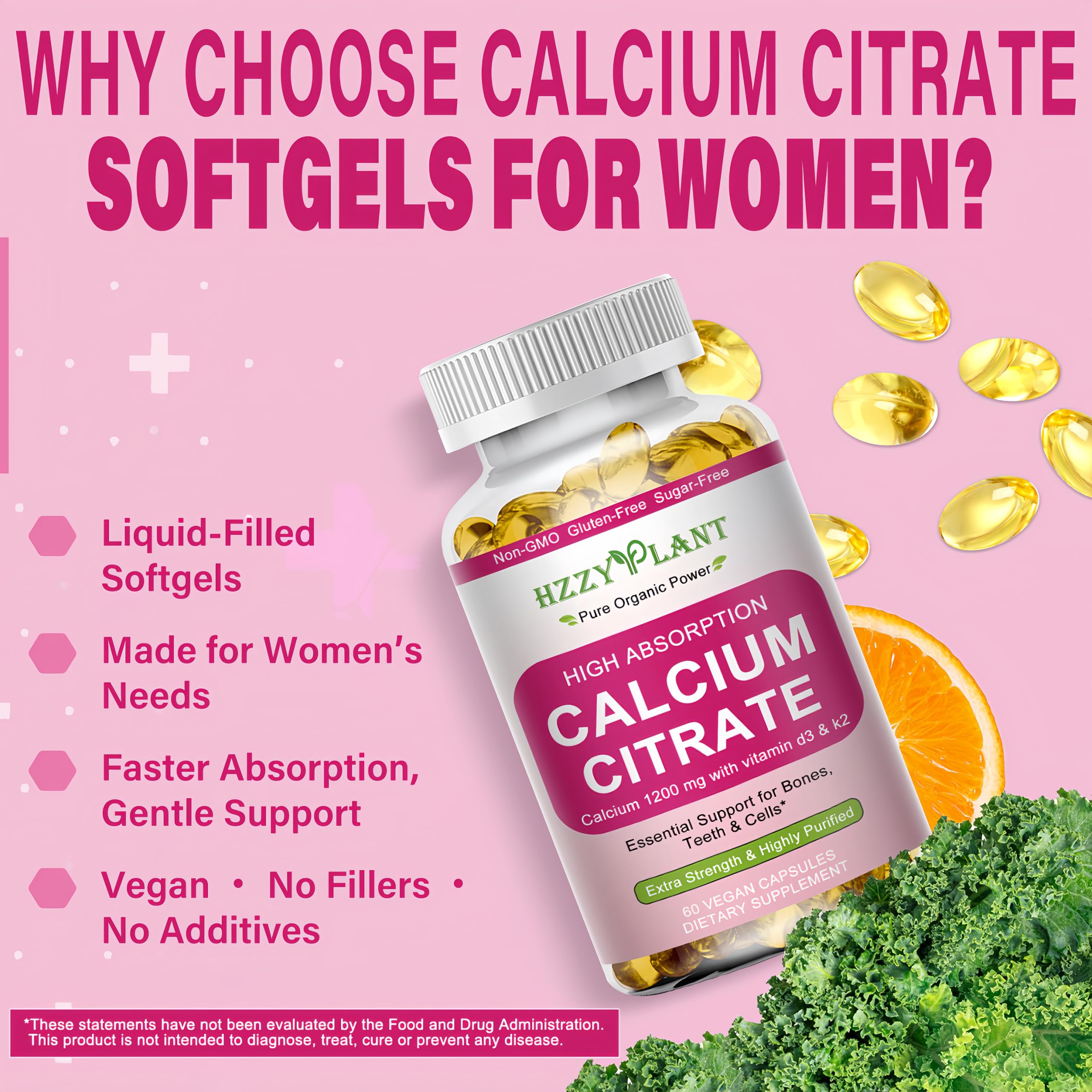 HZZYPLANT Calcium Citrate label per softgel shows 1200 mg