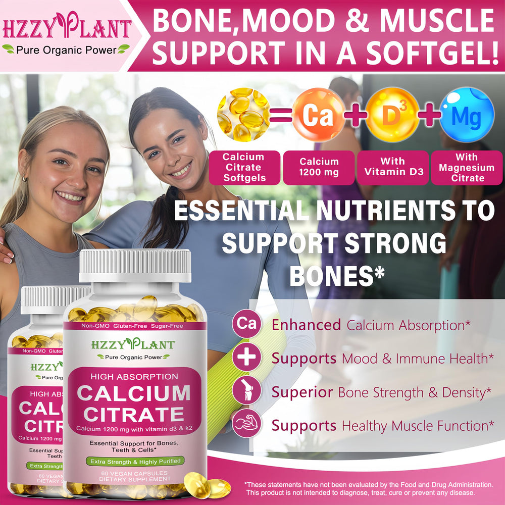 HZZYPLANT Calcium Softgels close-up emphasizes purity and gentle digestion
