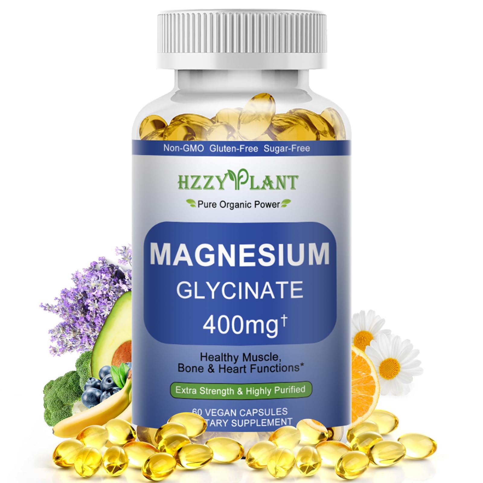 HZZYPLANT magnesium glycinate bottle for daily relaxation and muscle comfort.