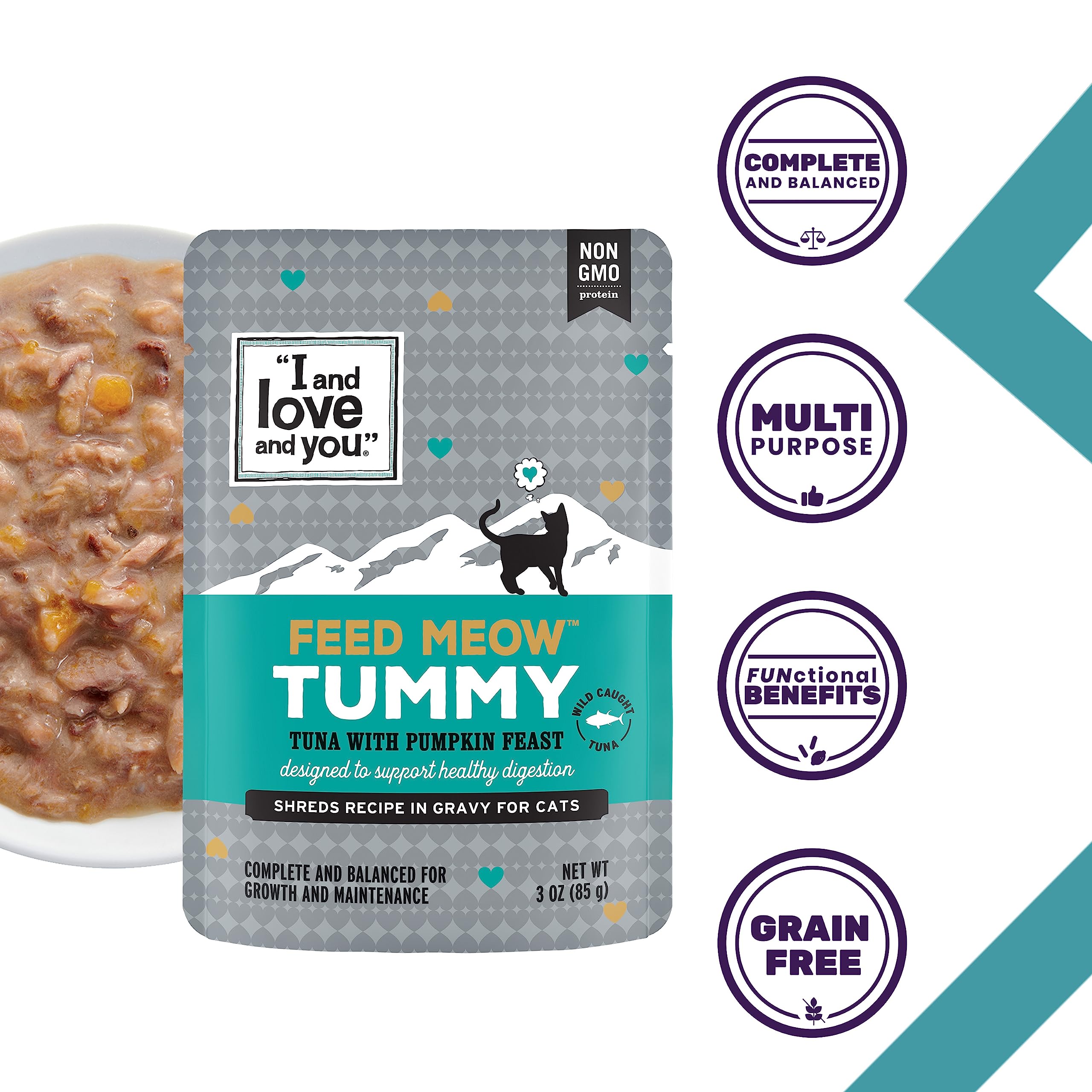 I AND LOVE AND YOU Feed Meow Tummy pumpkin-fiber features pumpkin for fiber and gut-friendly benefits.