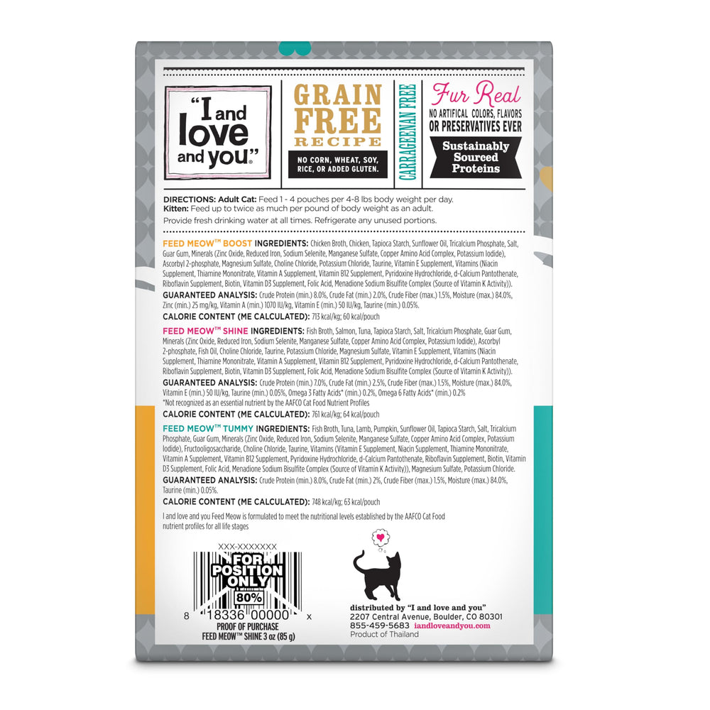 I AND LOVE AND YOU Feed Meow Chicken Feast image highlights hearty bites and grain-free nutrition