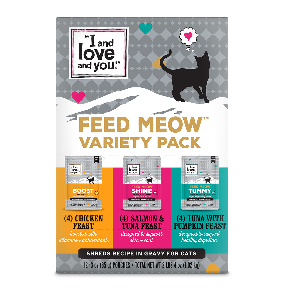 I AND LOVE AND YOU Feed Meow Salmon Feast image shows shredded chunks for tasty meals