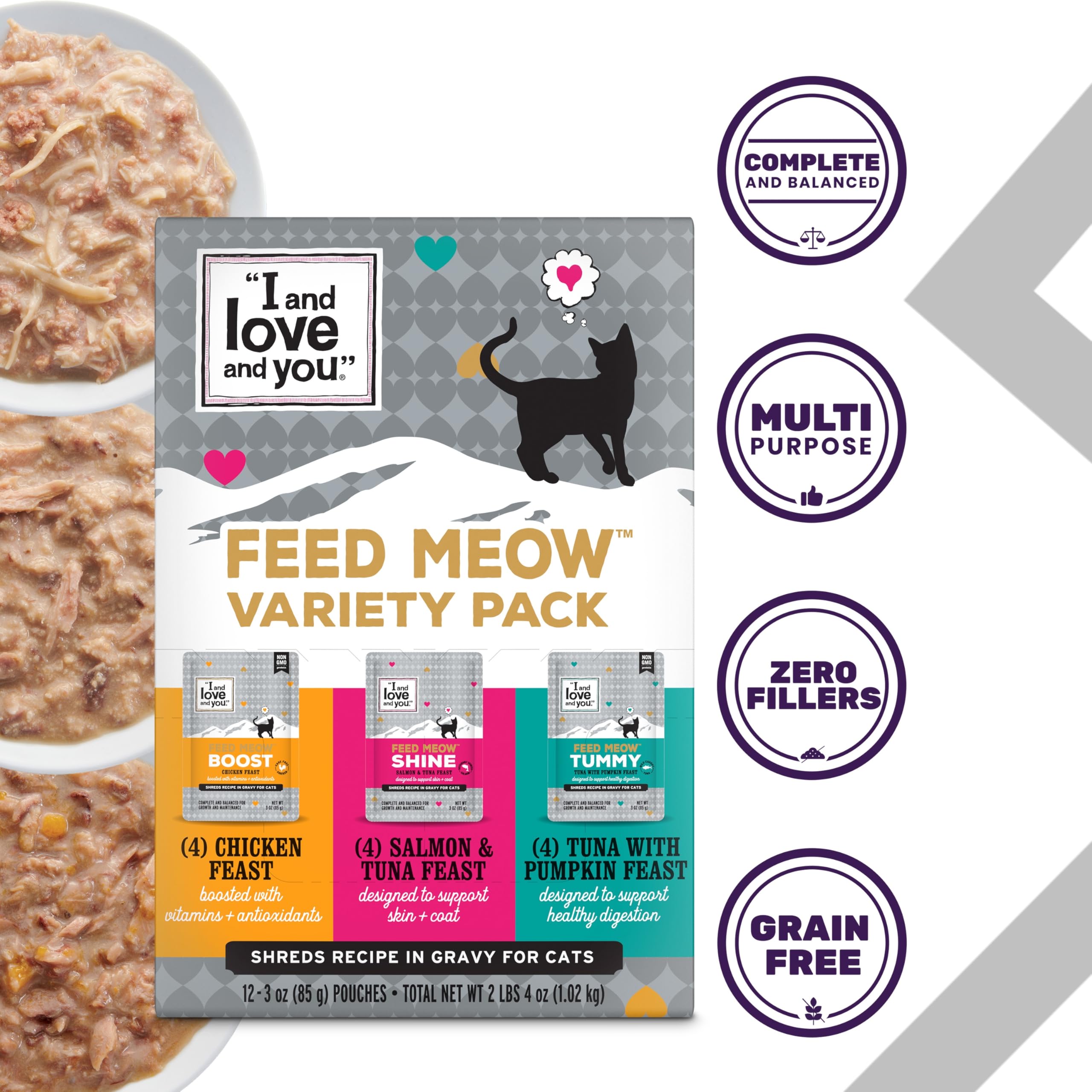 I AND LOVE AND YOU Feed Meow Tuna Pumpkin Feast image emphasizes moisture and pumpkin support