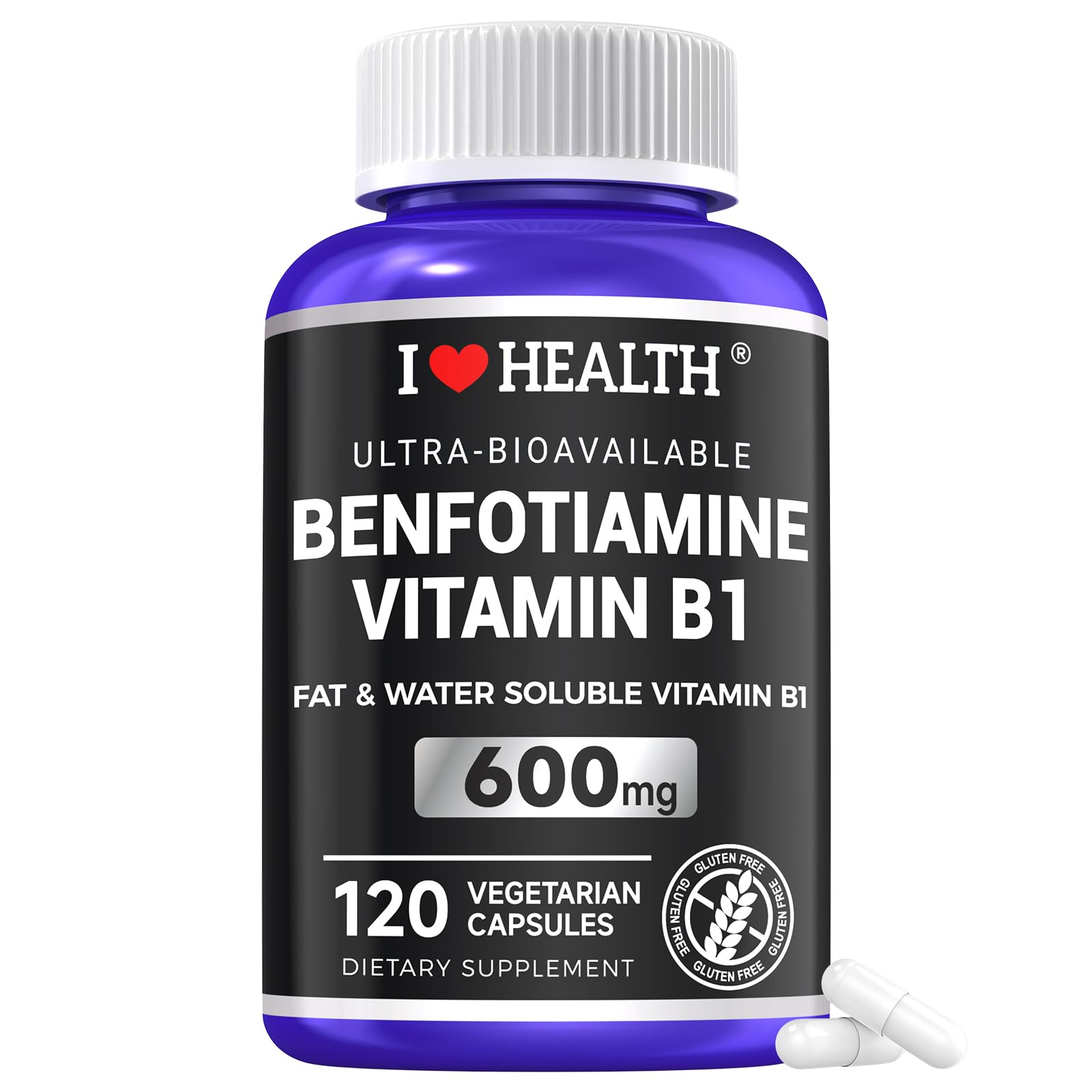 I LOVE HEALTH Benfotiamine 600mg bottle highlighting high-strength formula for energy support