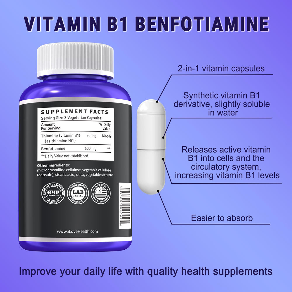 I LOVE HEALTH Benfotiamine 600mg capsules 120-count for convenient daily use