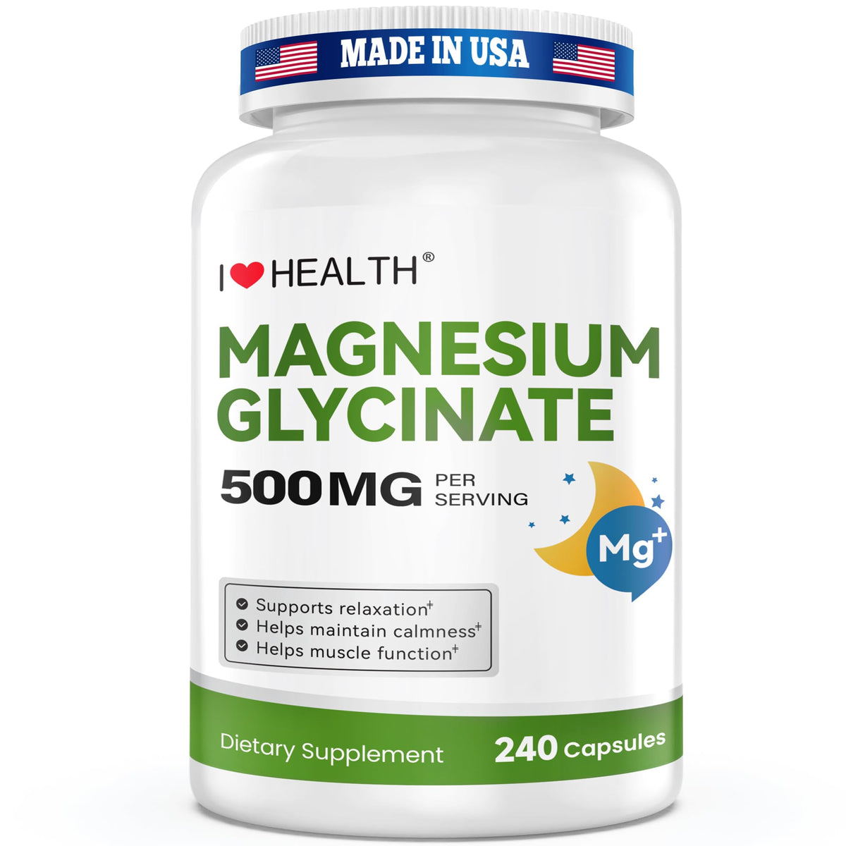 I LOVE HEALTH Magnesium Glycinate 500mg bottle front view for easy daily dosing