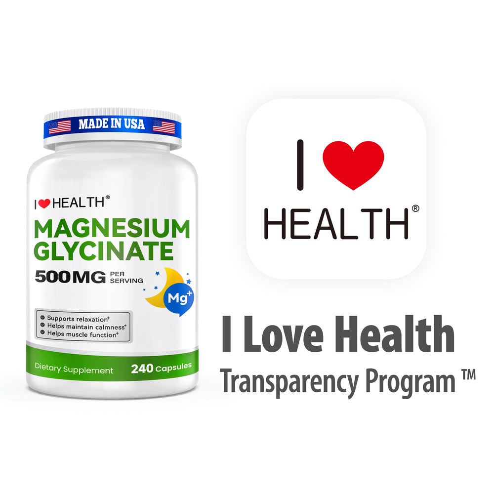 I LOVE HEALTH magnesium glycinate bottle on table for everyday use