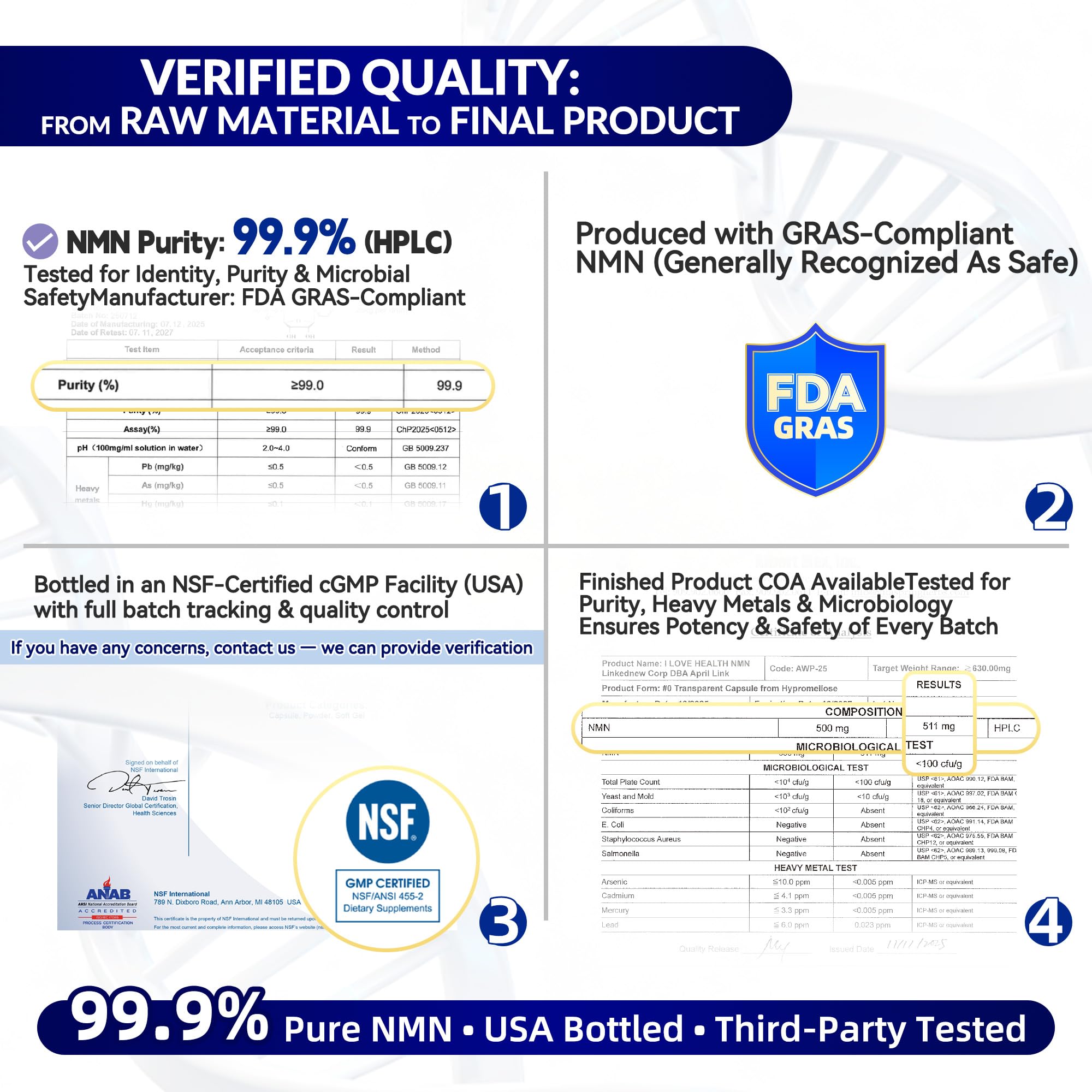 I LOVE HEALTH NMN 500mg bottle back shows third-party testing and trusted quality.