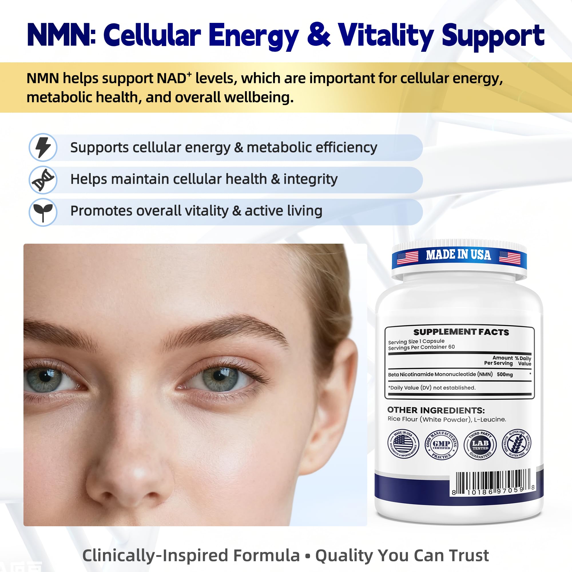 I LOVE HEALTH NMN 500mg label close-up emphasizes 99.9% NMN purity.